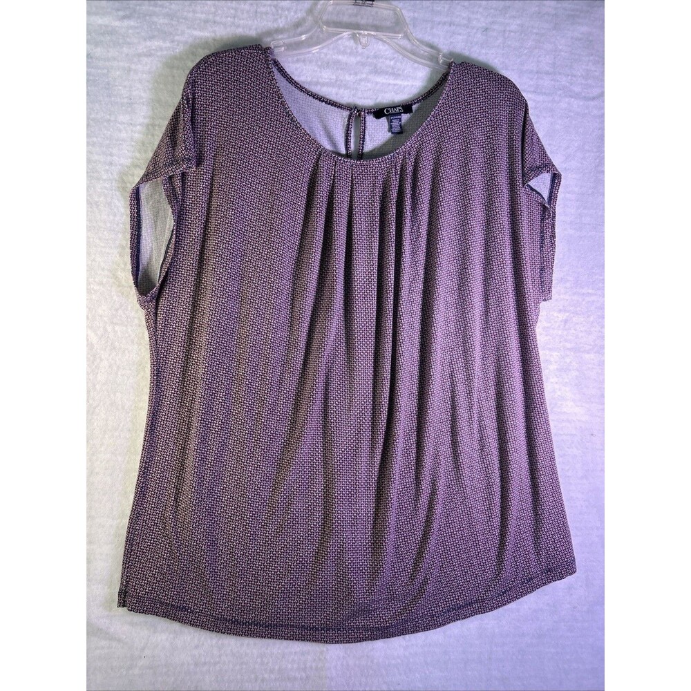 CHAPS Blouse Womens 2XL Top Geometric Short Sleeve White BLue Spring Summer